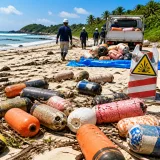 漂着増の「カキブイ」、海岸と自治体に新たな負担