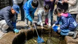 松本・源智の井戸で小学生ら清掃 歴史と湧水の大切さ学ぶ体験会