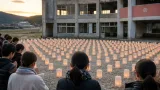 旧大川小で卒業生ら紙灯籠に明かり 津波犠牲者しのぶ
