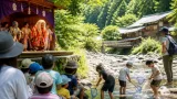 高槻市の児童が匹見を訪問 神楽と川遊びで交流