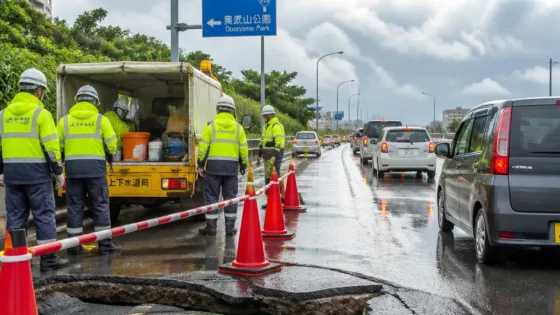 那覇・松島の県道でマンホール周辺が剥がれ出勤ラッシュに渋滞