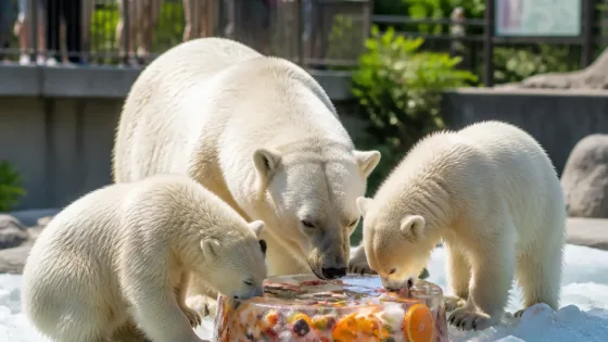 仙台・八木山動物公園のホッキョクグマ親子、氷のケーキで夏を涼む