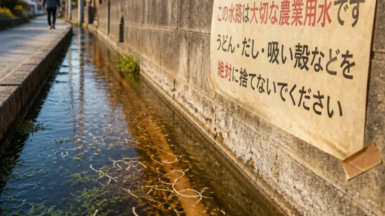 水路に掲示された「うどん・だしを捨てないで」看板が話題に