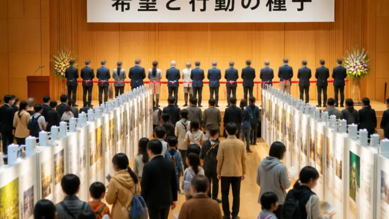 明石の委員長が訴えた「希望と行動の種子」展が亀山で開幕