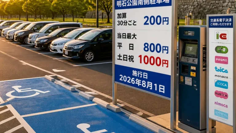明石公園南駐車場、加算間隔変更と電子決済拡大を実施へ