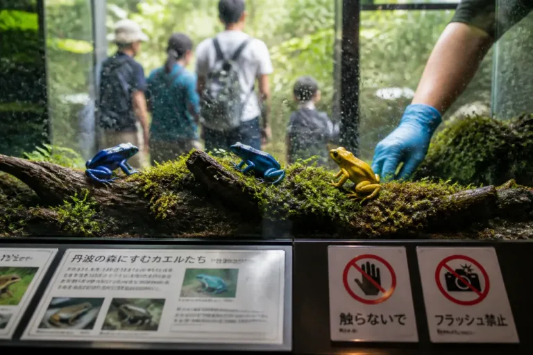 希少な青と金色のニホンアマガエル、丹波で一般公開