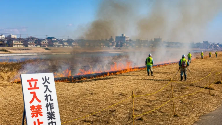 足羽川左岸で花火準備の草焼き、誤認通報に注意を