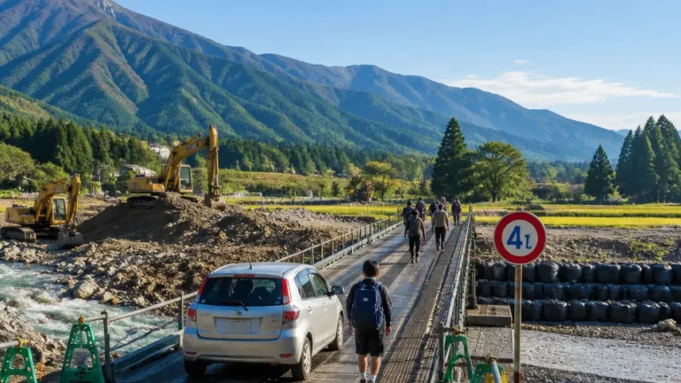 安曇野の土砂災害現場、仮設橋で県道が２週間ぶりに復旧