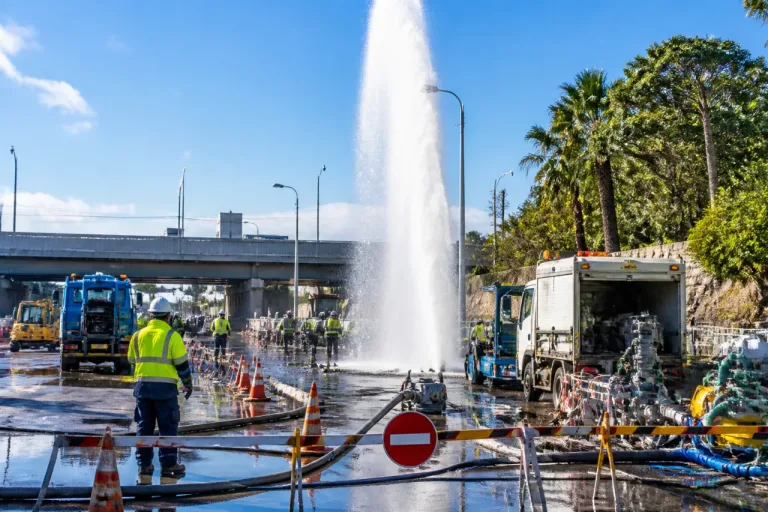 千葉市美浜区で水道管破裂、街灯超える水柱 市が復旧作業を実施