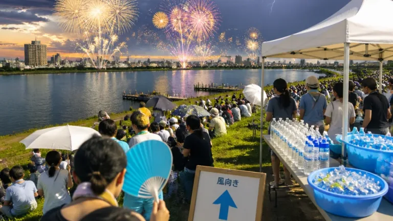 江戸川区花火大会、猛暑と急な雨に備えた準備を