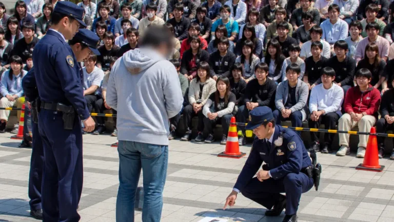 福島で警察の職務質問実演、凶器発見の現行犯逮捕を公開—若者に向けた防犯と進路支援