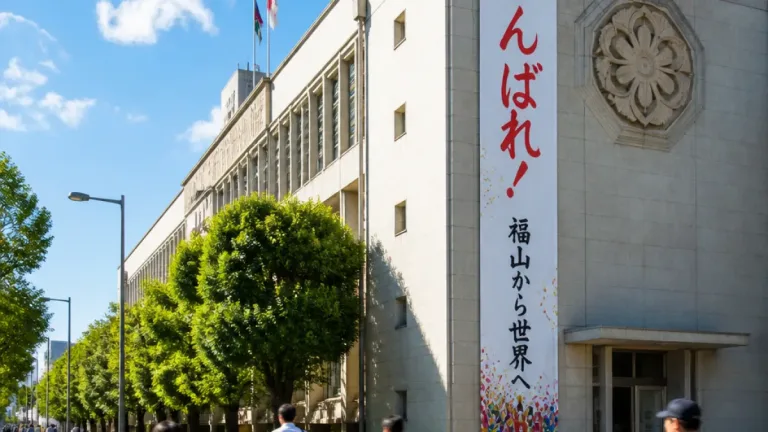 福山 市立福山高の甲子園初出場を市が懸垂幕で祝う