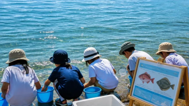 福山の子どもたちがマダイ・ヒラメ稚魚を放流 瀬戸内海の資源保全へ