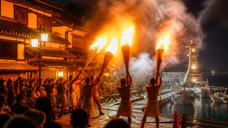 福山・鞆で炎に無病息災願う「お手火神事」 夜に伝統の火が揺らめく