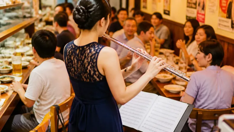 船橋の居酒屋で音大生がフルート公演 常連の後押しで店内が舞台に