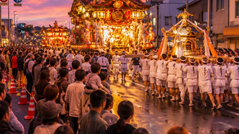 八戸で三社大祭のお還り、神輿と山車が合同で市中を練り歩く