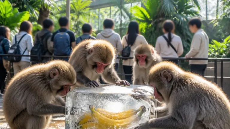 函館・熱帯植物園でニホンザルにバナナ入り氷 暑さ対策の一環で来園者も注目