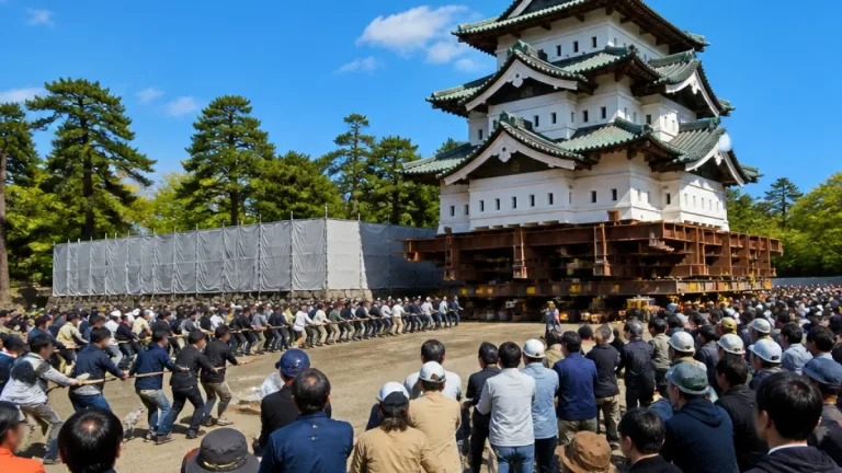 弘前城天守の「曳戻し」体験、文化財修復の節目に市民約千人が参加