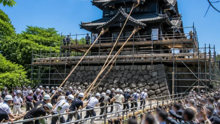 弘前城天守の曳戻しイベントが開幕、市民参加で「元の姿」へ