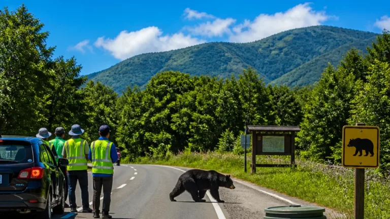 北塩原村で道路を横断するツキノワグマ確認 夏場の出没対策を周知