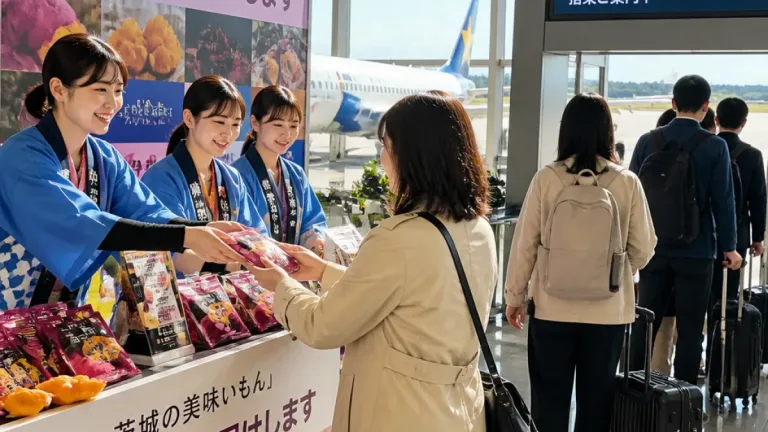 茨城空港で県産農作物を搭乗客に配布