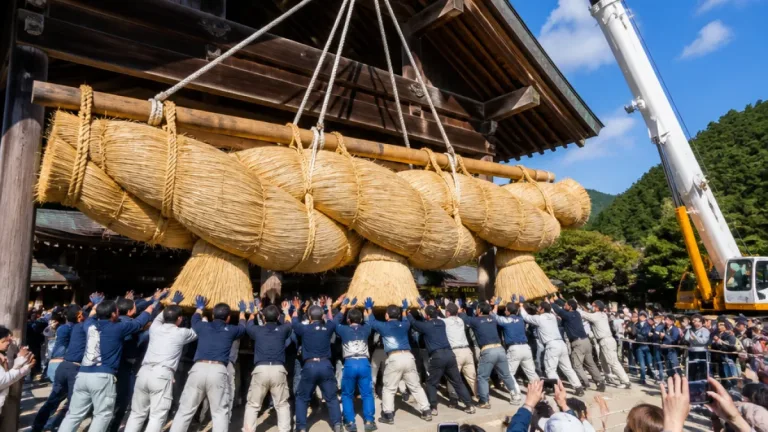 八年ぶり、出雲大社の大しめ縄が新調 技と人手で神楽殿に据え付け