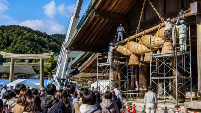 出雲大社で大しめ縄の架け替え作業が行われる