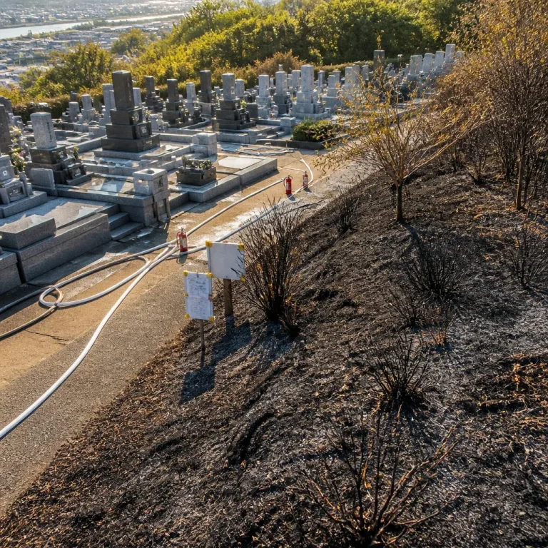 市営墓地で雑草が焼ける けが人なし、原因や再発防止が焦点