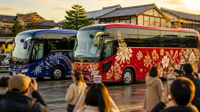 金沢で加賀友禅を纏った観光バスが初の並列展示、地域ブランド化に期待