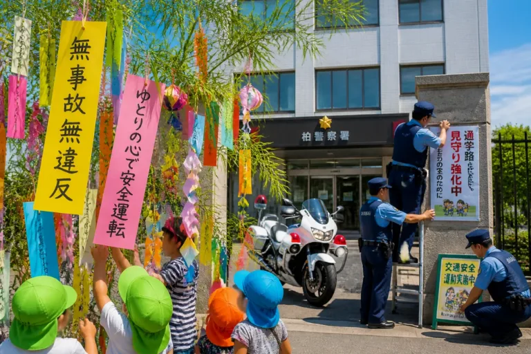 柏・幼稚園児の七夕飾りで交通安全啓発、署は夏季対策を強化へ