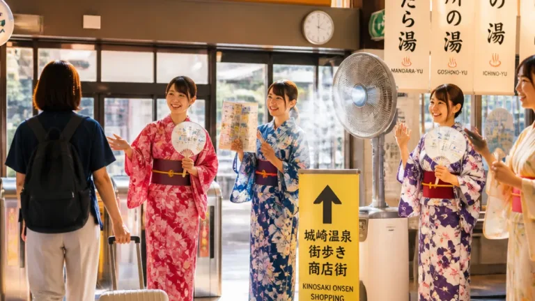 城崎温泉駅で浴衣の接遇、夏の迎客