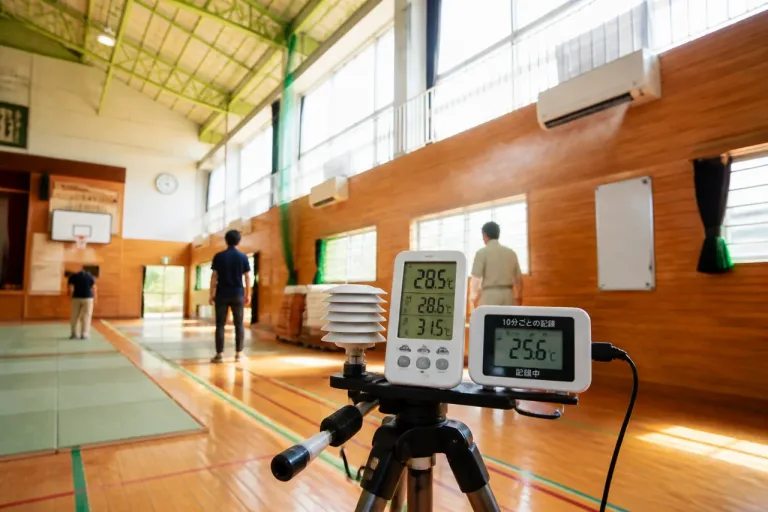 北九州の小学校体育館で家庭用エアコン実証、熱中症対策を検証