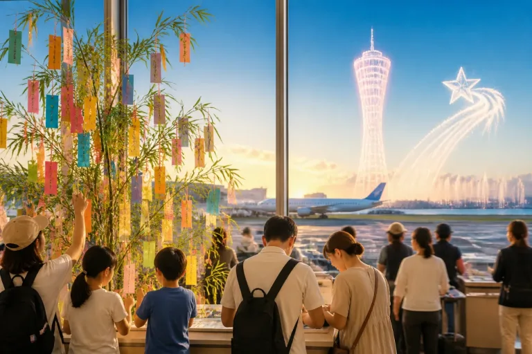 神戸空港が七夕の演出で旅客を迎える 短冊や水アートで季節感演出