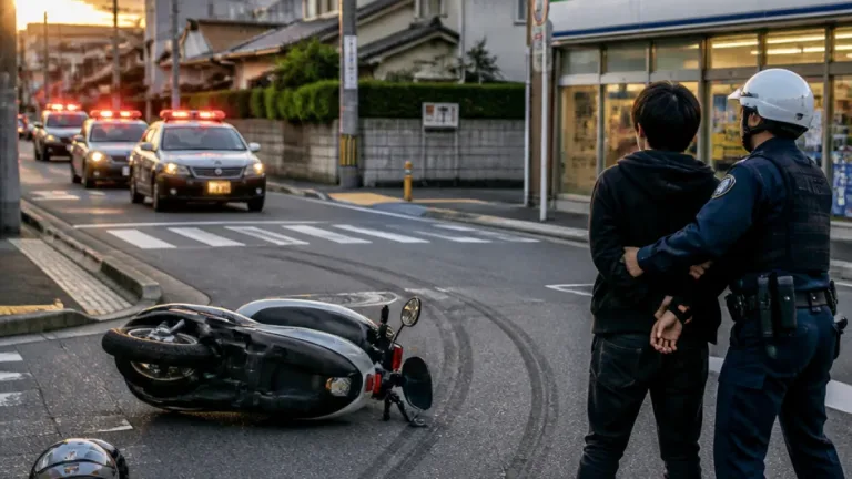 早朝のパトカー追跡、無免許原付を逮捕