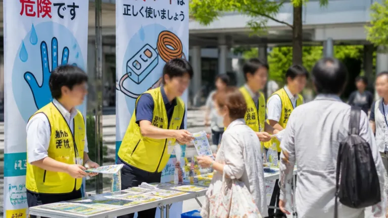 甲府駅前で感電防止キャンペーン 夏の電気使用に注意を