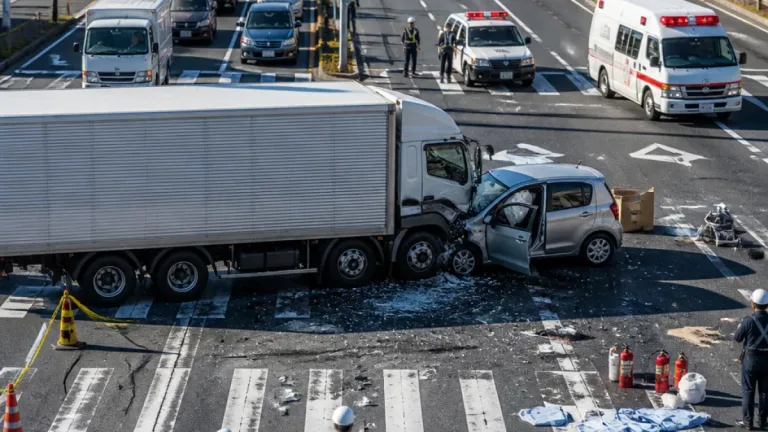国道4号交差点で右折トラックと乗用車が衝突 家族3人が重傷