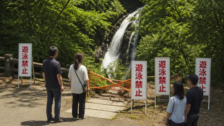 小松・十二ヶ滝に応急柵設置 遊泳禁止で夏休み対策