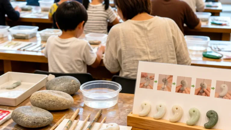 富山・埋蔵文化財センターで勾玉づくり 画面外の体験が子どもに好評