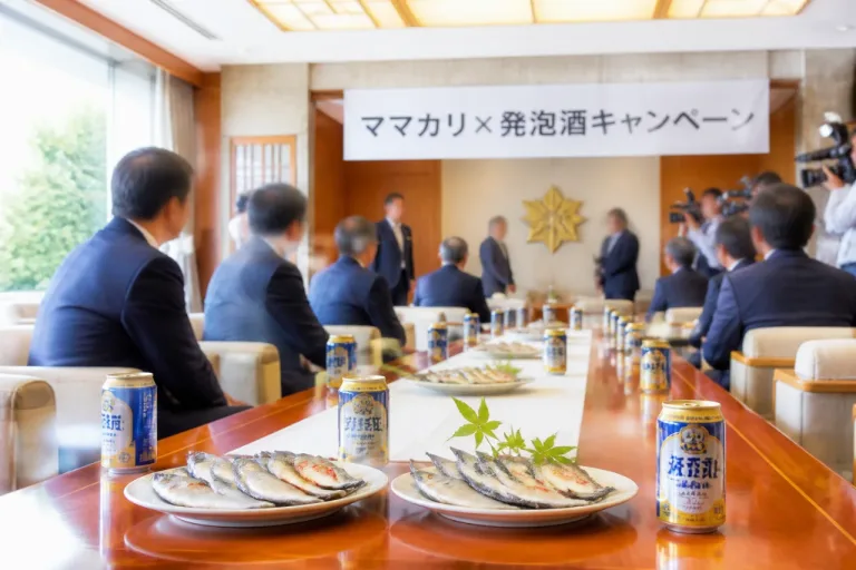 ママカリと発泡酒の共同PR、県と連携し旬の魚消費を後押し