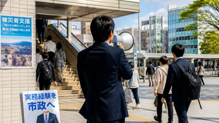 松戸駅西口での候補者活動 実務経験を強調し市政連携を訴え