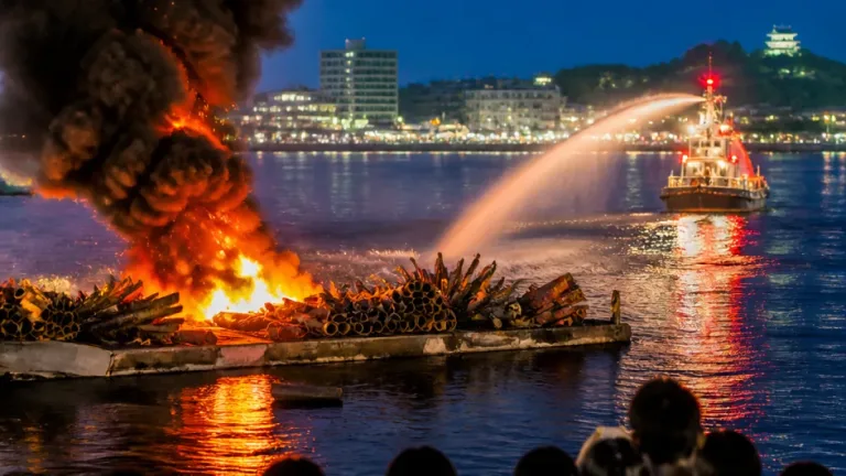 松江の水郷祭、打ち上げ台船で出火 筒１１基焼くもけが人なし