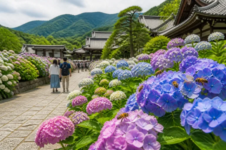 松本・法船寺でアジサイ見頃 蜜を集めるミツバチも賑わう