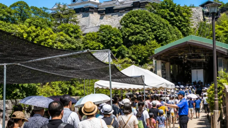 松山城で来場者増加 猛暑和らぐも熱中症対策を強化