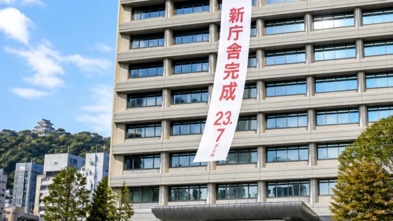 松山役所に新田高校の甲子園出場を祝う大懸垂幕が登場