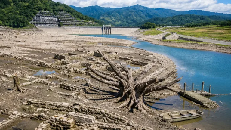 ダム渇水で66年ぶりに沈んだ集落が露出 下流へ影響も