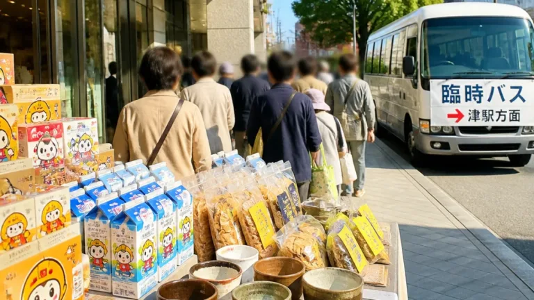 ミジュマルを起用した地場商品と臨時バス、松菱で販売開始