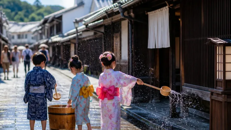 美濃「うだつの町並み」で打ち水、子ら涼体験