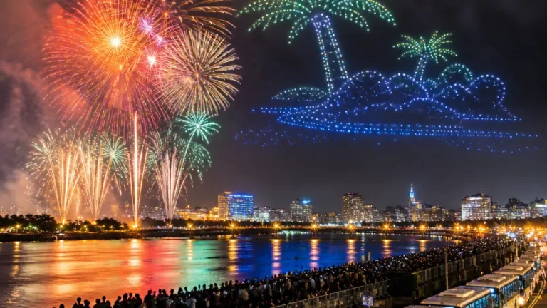 宮崎市で初のドローンショー、花火と共に夏夜空を彩る