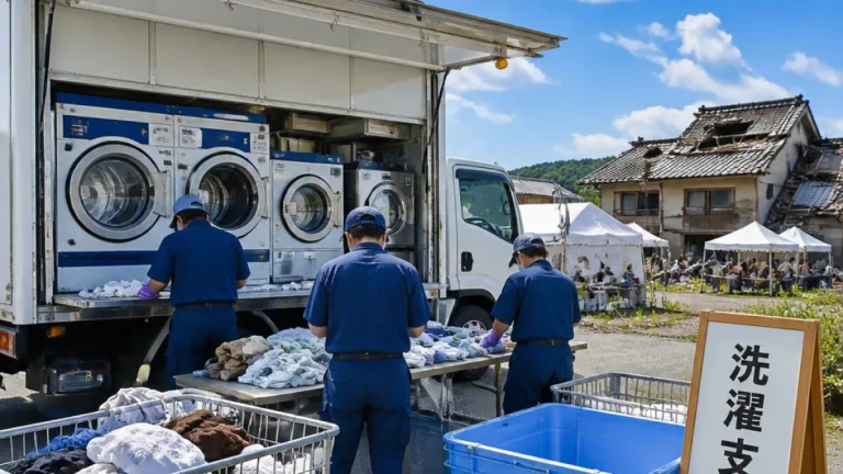 宮崎の企業が災害用ランドリー車を熊本・八代に派遣、避難生活の生活支援に着手