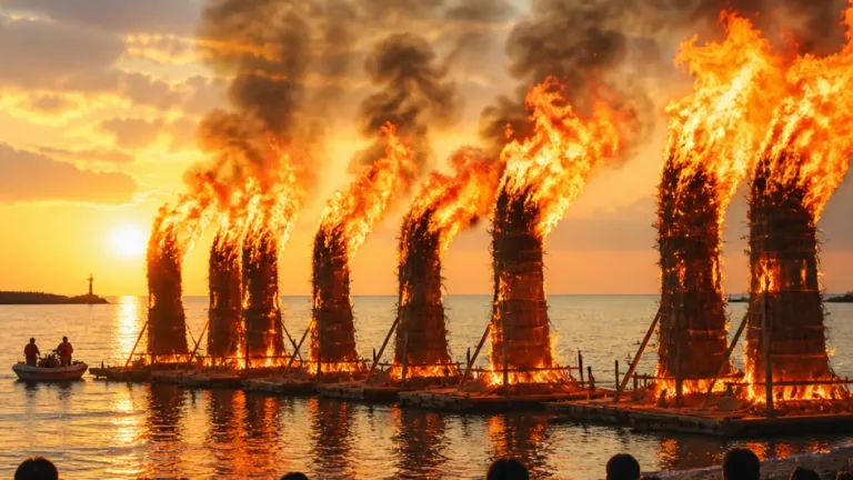 海に燃える大たいまつ、無病息災を祈る滑川のネブタ流し